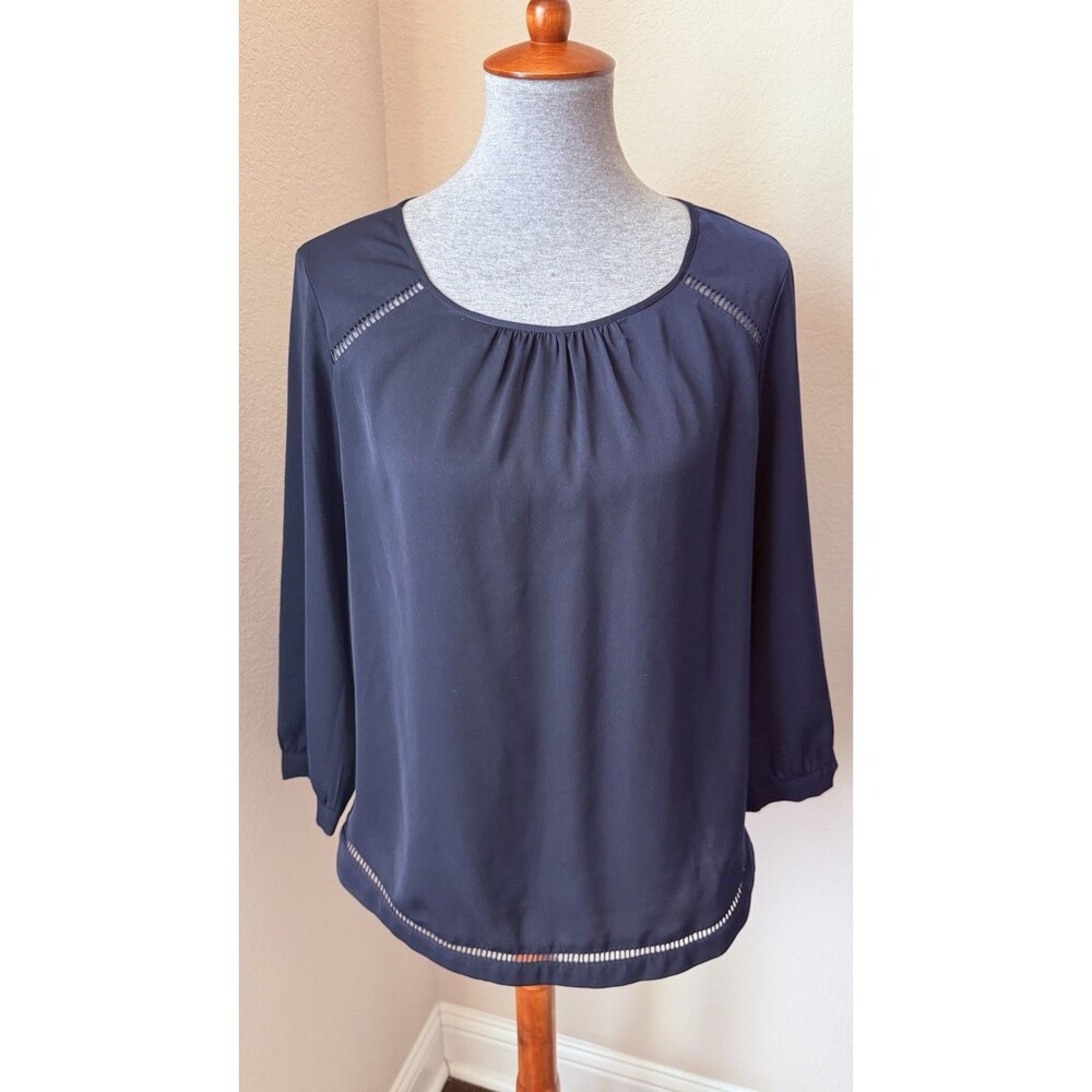J. Crew Women's Size Small Navy Blue 3/4 Sleeve Cutout Detail Popover Blouse